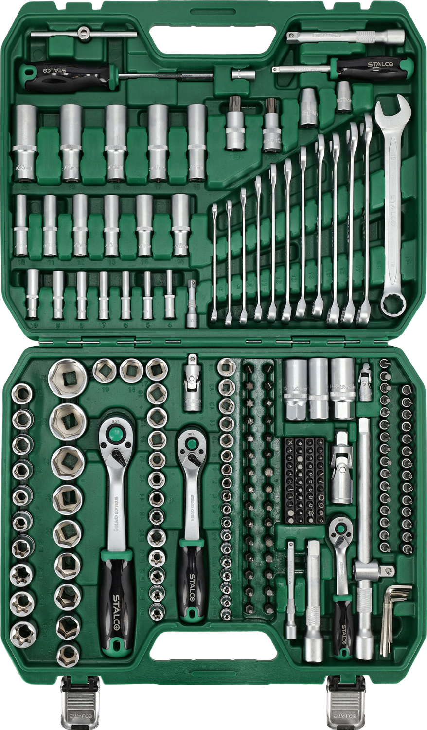 Zestaw kluczy nasadowych i płasko-oczkowych 1/2”+3/8”+1/4”, 219 elem. 90T, BMC Stalvo S011100219 Stalvo S011100219