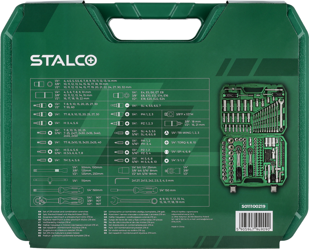 Zestaw kluczy nasadowych i płasko-oczkowych 1/2”+3/8”+1/4”, 219 elem. 90T, BMC Stalvo S011100219 Stalvo S011100219