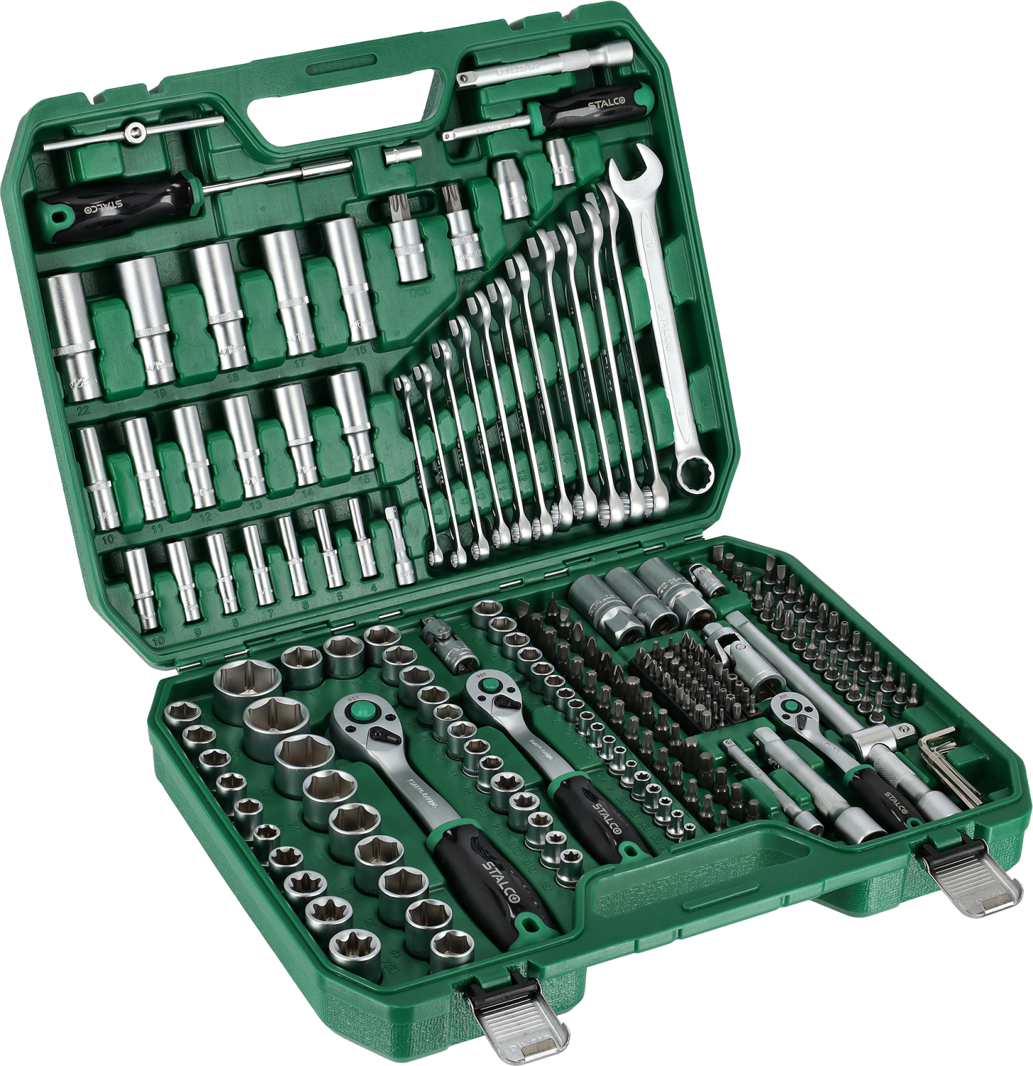 Zestaw kluczy nasadowych i płasko-oczkowych 1/2”+3/8”+1/4”, 219 elem. 90T, BMC Stalvo S011100219 Stalvo S011100219