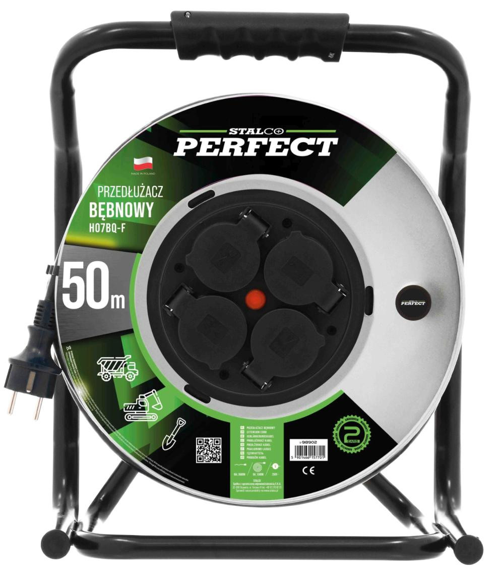 Przedłużacz bębnowy specjalistyczny HEAVY LINE 30m, IP-44 4x2p+Z, 16A, 3680W, 3x2,5mm H05RR-F-CZARNY Stalvo PERFECT S-75700