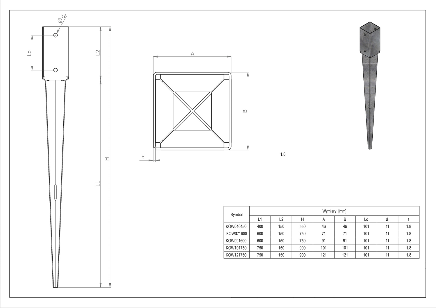 Kotwa ogrodowa wbijana KOW stopa 46x46x150, kotwa 400 mm Stalvo KOW046400